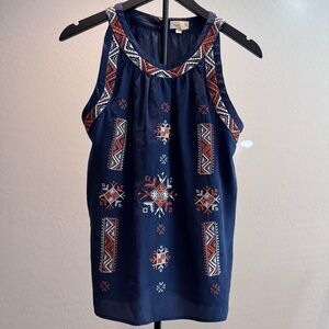 Meadow Rue for Anthropologie: Silk Navy Top w/Geometric Embroidery, Size Small‎
